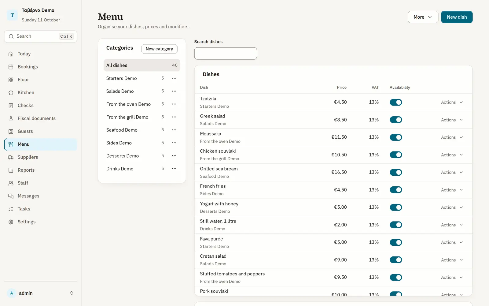 The Menu screen of the live restaurant suite: demo dishes with price, VAT and an availability switch.
