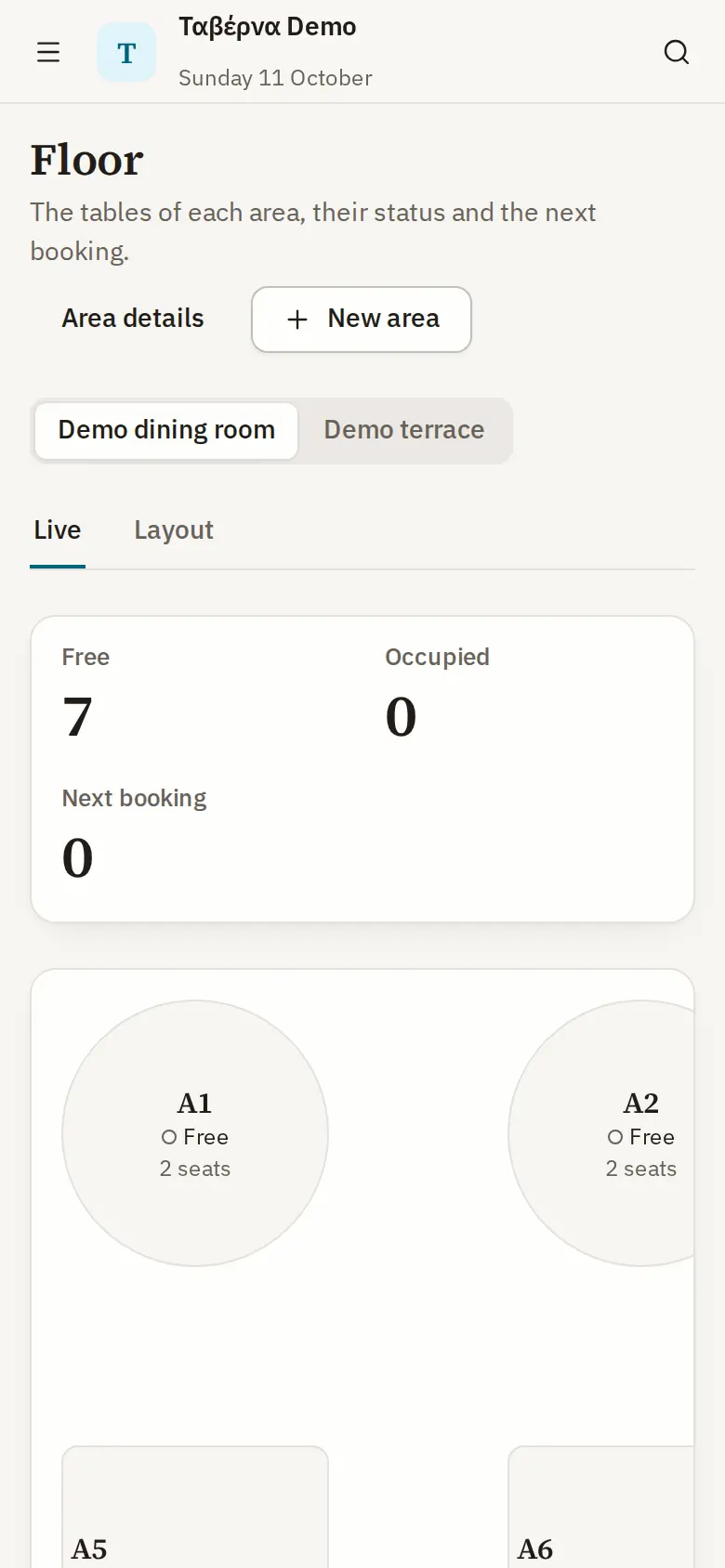 The Floor screen on a phone: demo tables A1 to A7, each marked free with its seats.